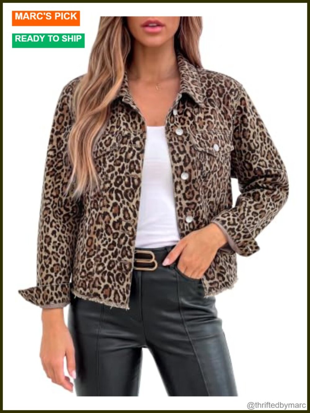 Leopard Denim Jacket Women Cheetah Print Stretchy Cropped Frayed Hem Long Sleeve